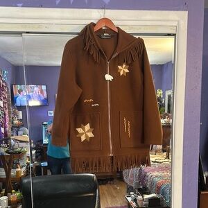 Brown Utility Jacket with Fringed Edge and Zipper Closure